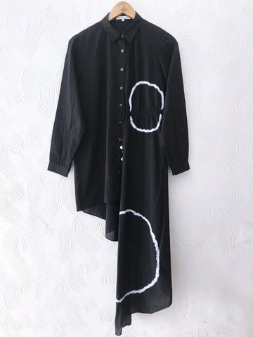 Black Shibori Assymmetrical Shirt Dress