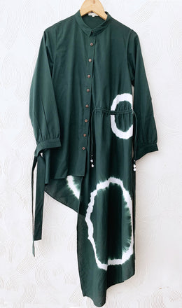Bottle Green Shibori Asymmetrical Shirt Dress
