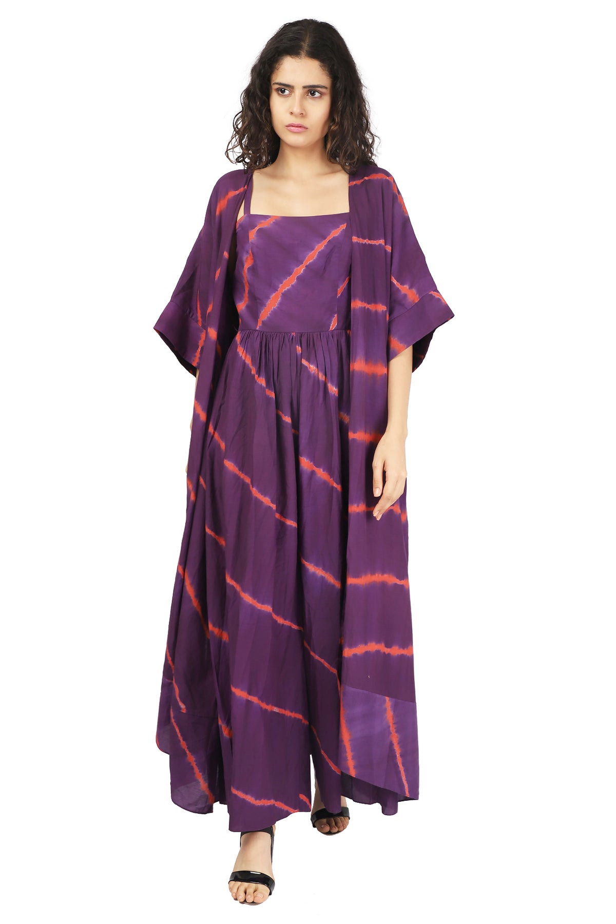 Purple Shibori Stripes Jumpsuit And Overlay Coord