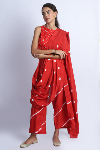 Red Bandhani Drape Pants Saree And Blouse