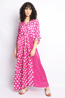 Pink Bandhani Silk Kaftan Dress