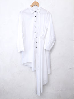 White Asymmetrical Shirt Dress With Black Crochet Buttons