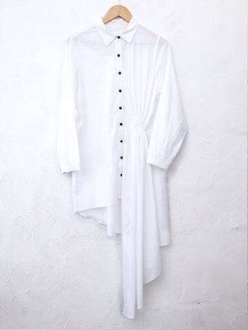 White Asymmetrical Shirt Dress With Black Crochet Buttons