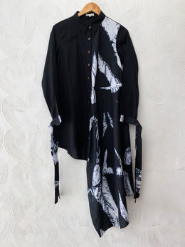 Zebra Shibori Black Asymmetrical Shirt Dress